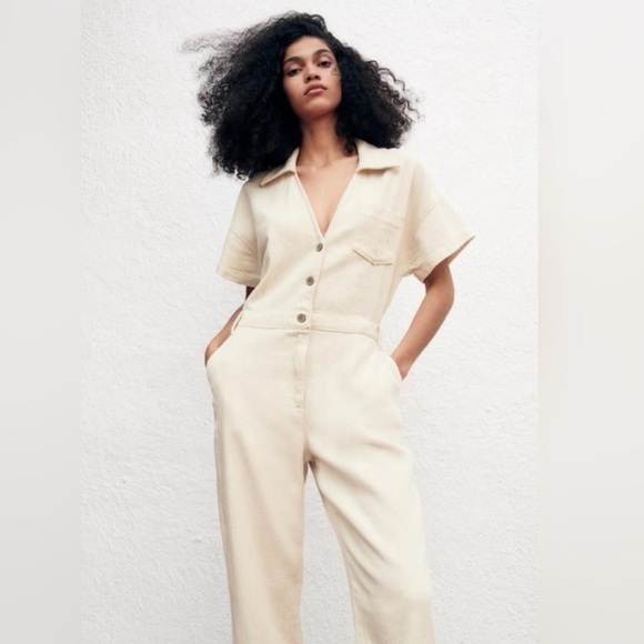 Zara Ecru Denim Cream Jumpsuit - Picture 1 of 7